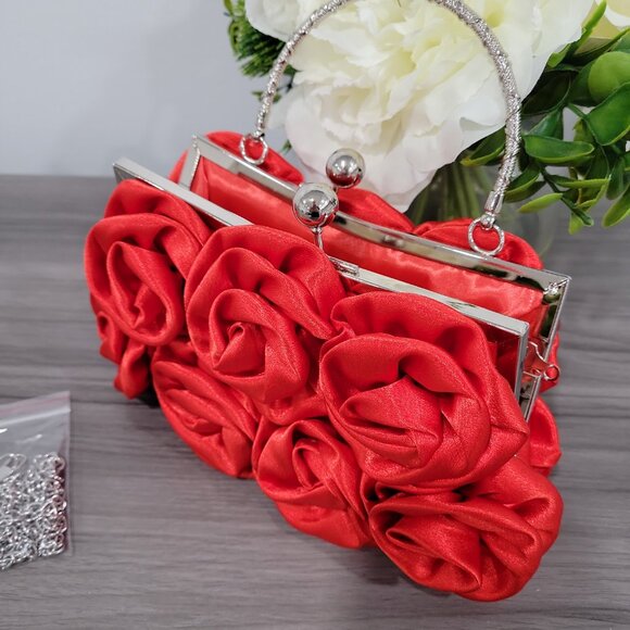Elegant RED Satin Roses Clutch Purse w/ Rhinestone Handle & Chain Prom Wedding - Picture 4 of 9